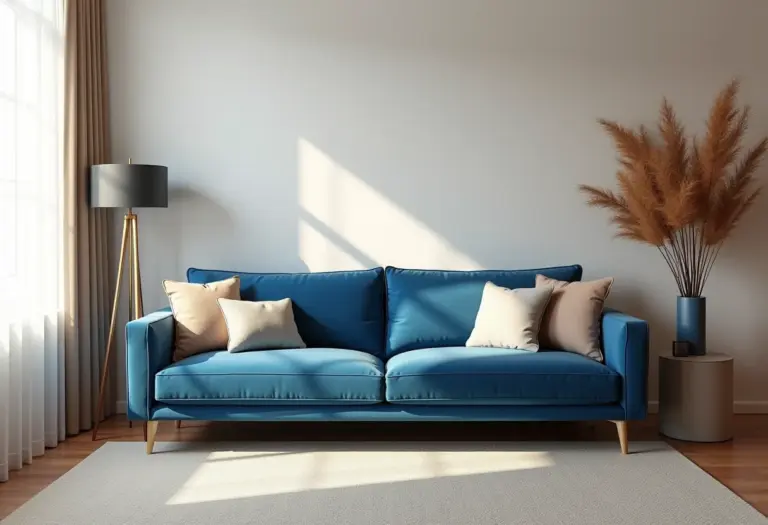 Sala de estar com sofá azul e decoração moderna