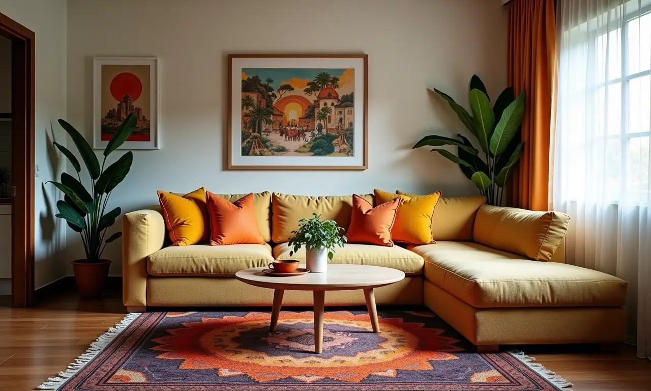 Sala de estar com tapete delimitando espaço em apartamento pequeno.