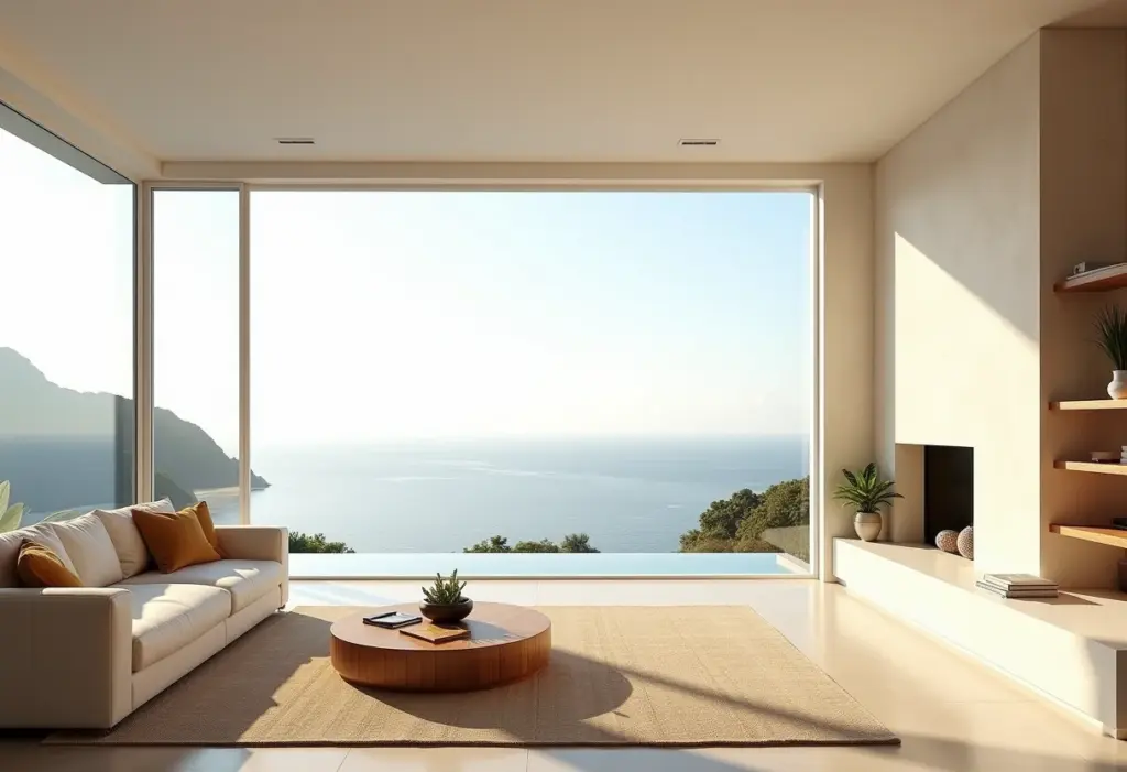 Sala de estar com vista para o mar no Rio de Janeiro, decoração minimalista e luz natural abundante.