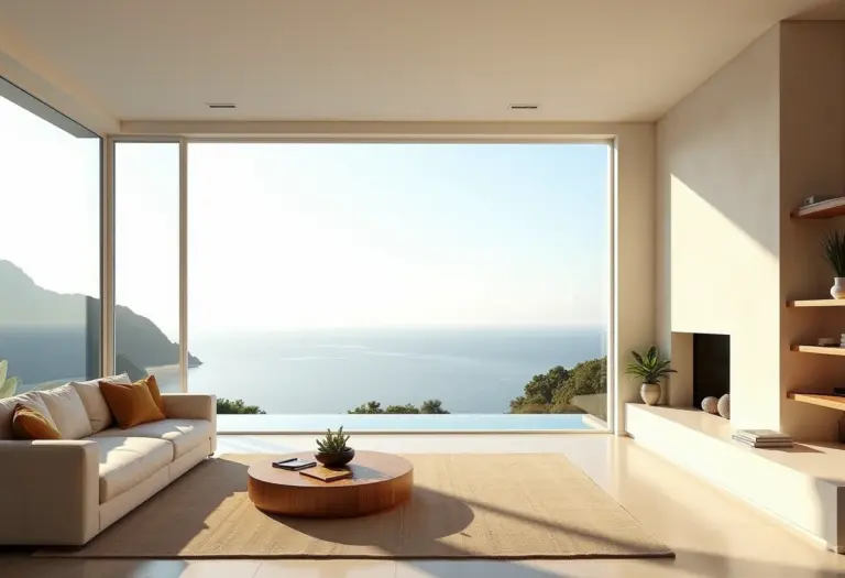 Sala de estar com vista para o mar no Rio de Janeiro, decoração minimalista e luz natural abundante.