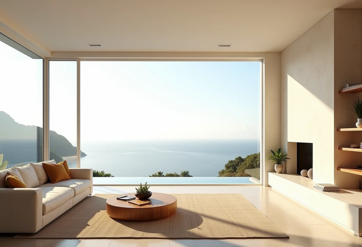 Sala de estar com vista para o mar no Rio de Janeiro, decoração minimalista e luz natural abundante.