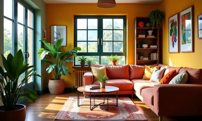 Sala de estar de apartamento pequeno com decoração vibrante e aconchegante.