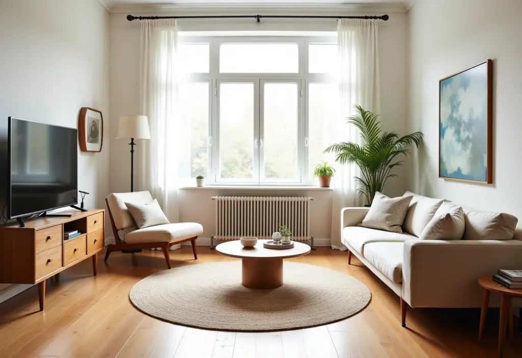 Sala de estar decorada com objetos vintage e modernos, iluminada por luz natural.