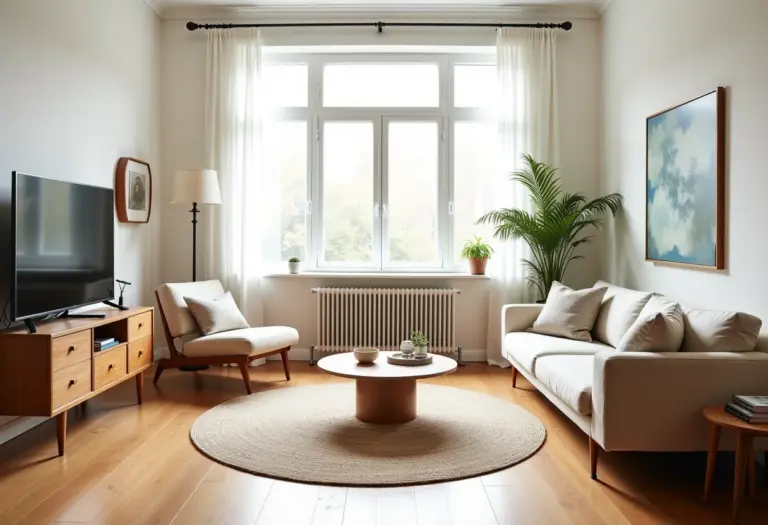 Sala de estar decorada com objetos vintage e modernos, iluminada por luz natural.