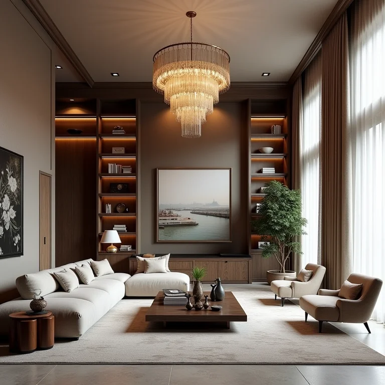 Sala de estar decorada com pé direito duplo e diversos elementos decorativos