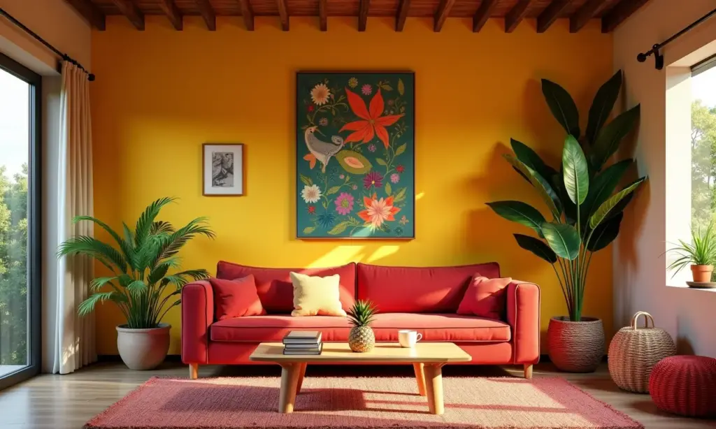 Sala de estar decorada para o Natal com estilo brasileiro, cores vibrantes e decoração simples.