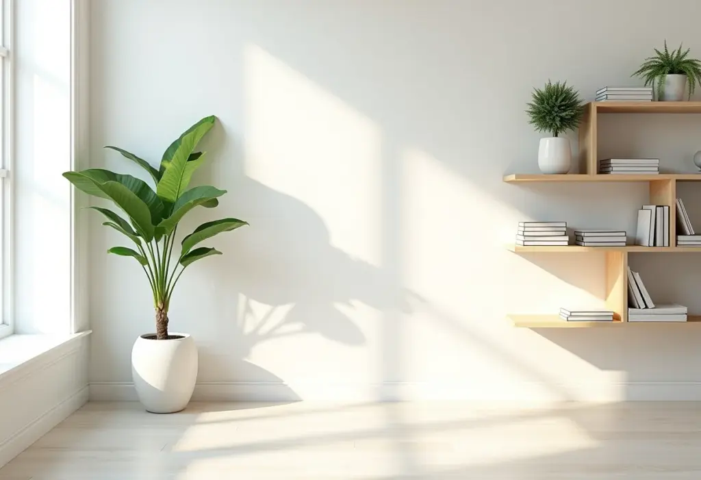 Sala de estar iluminada com prateleiras decorativas.