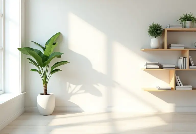 Sala de estar iluminada com prateleiras decorativas.