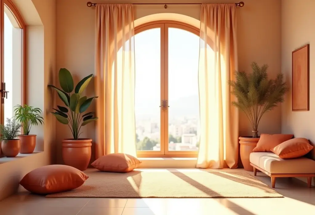 Sala de estar iluminada com toques de terracota