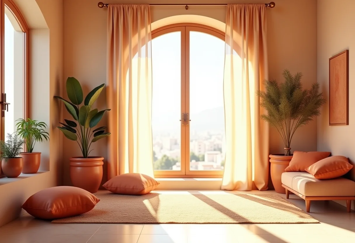 Sala de estar iluminada com toques de terracota
