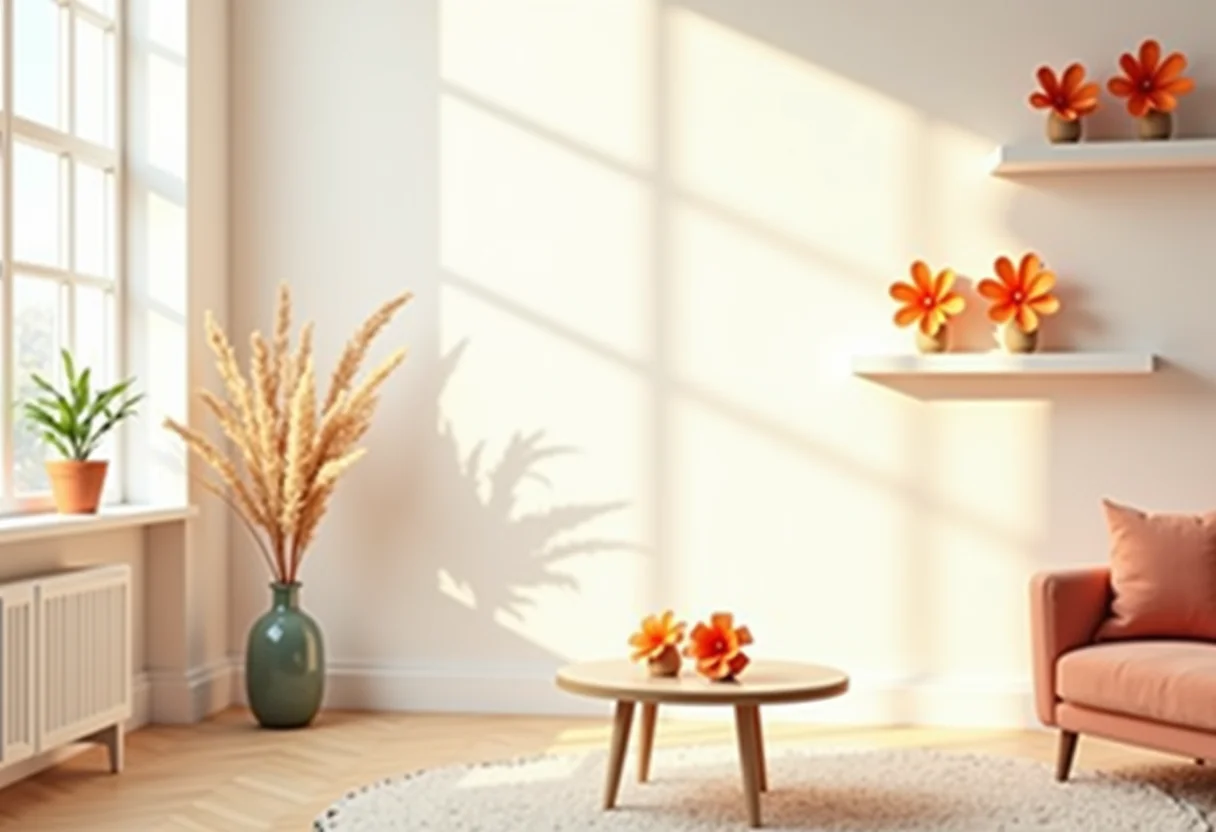 Sala de estar iluminada decorada com flores de papel artesanais