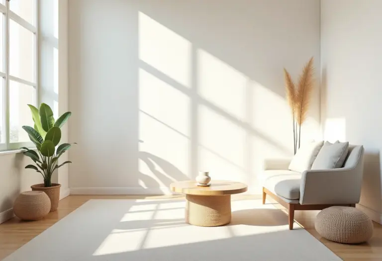 Sala de estar luminosa com decoração minimalista