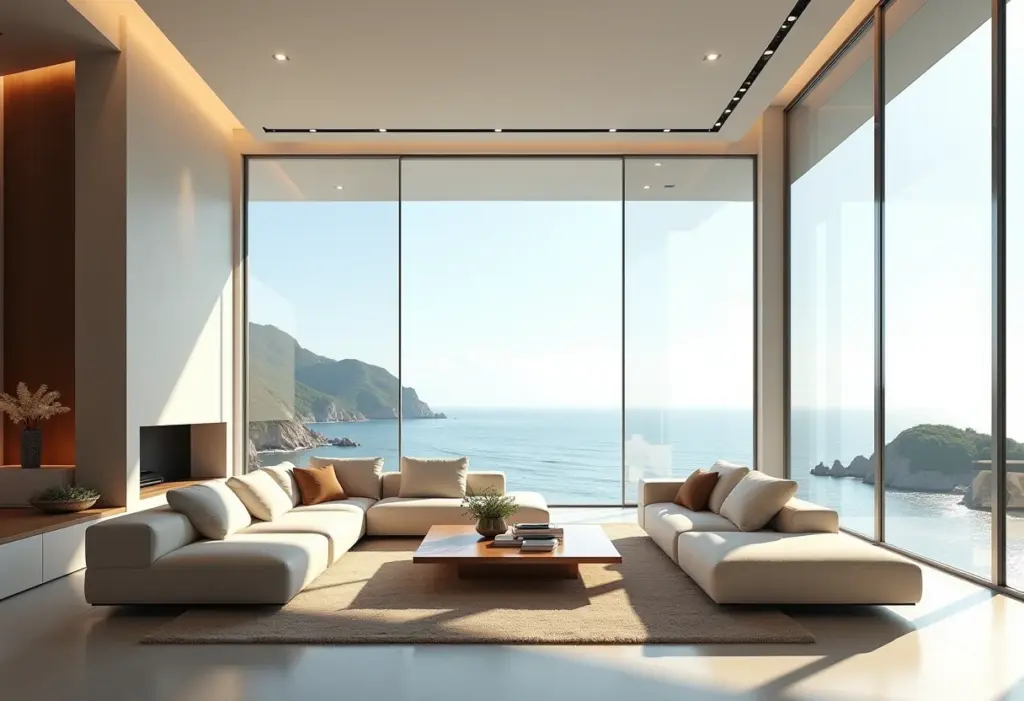 Sala de estar luxuosa com vista para o mar no Rio de Janeiro