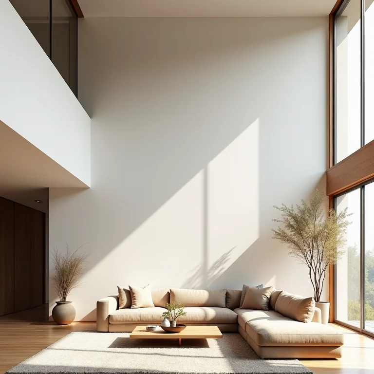 Sala de estar minimalista com pé direito duplo e conforto térmico