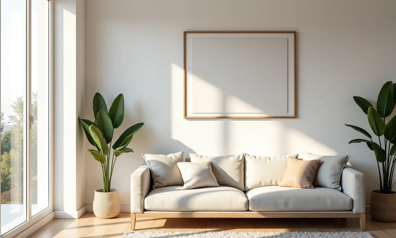 Sala de estar minimalista com sofá confortável e arte brasileira.