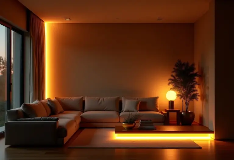 Sala de estar moderna com iluminação de fita de LED.