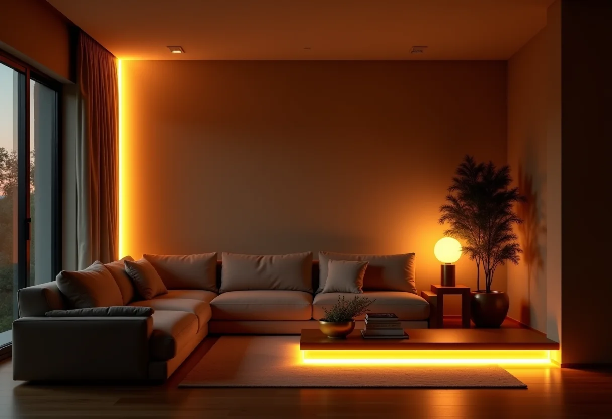 Sala de estar moderna com iluminação de fita de LED.