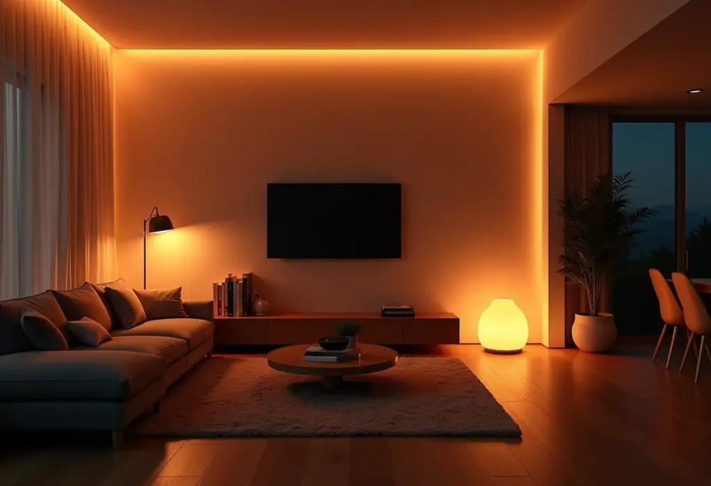 Sala de estar moderna com iluminação em fita de LED