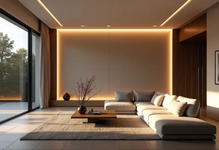 Sala de estar moderna com iluminação indireta de fitas de LED