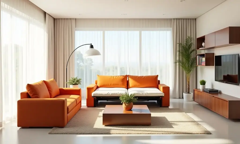 Sala de estar moderna com móveis multifuncionais: sofá-cama, mesa de centro elevável e estantes integradas.