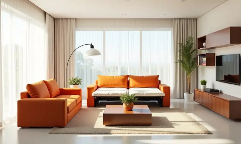 Sala de estar moderna com móveis multifuncionais: sofá-cama, mesa de centro elevável e estantes integradas.