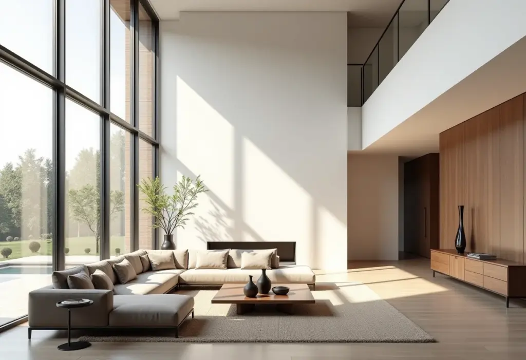 Apartamento com pé direito duplo: o guia definitivo para escolher o seu Sala de estar moderna com pé direito duplo e iluminação natural abundante.