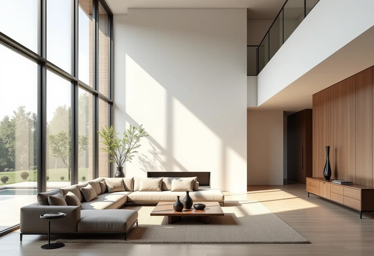 Sala de estar moderna com pé direito duplo e iluminação natural abundante.