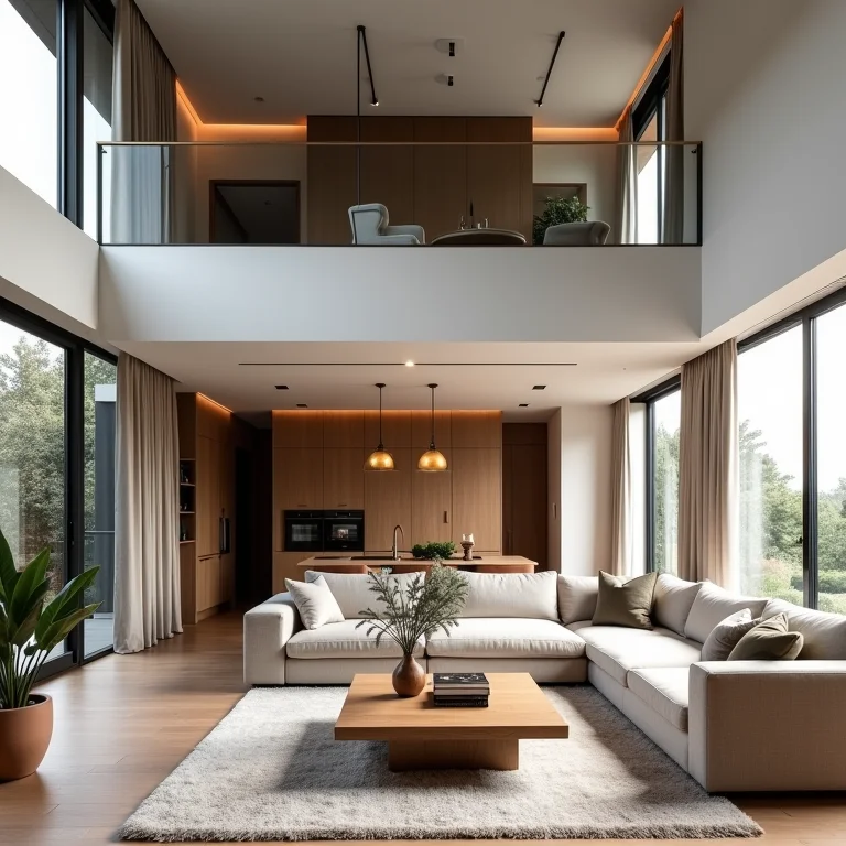 Sala de estar moderna com pé direito duplo e mezanino