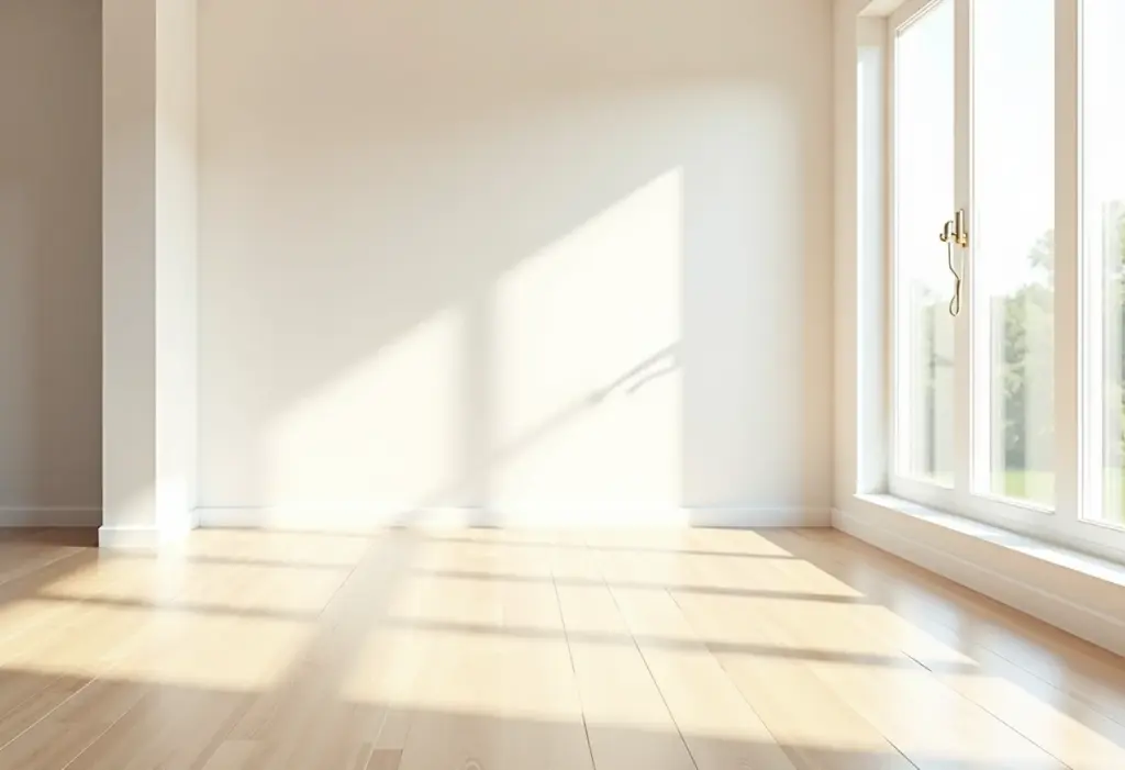 Sala de estar moderna com piso vinílico claro