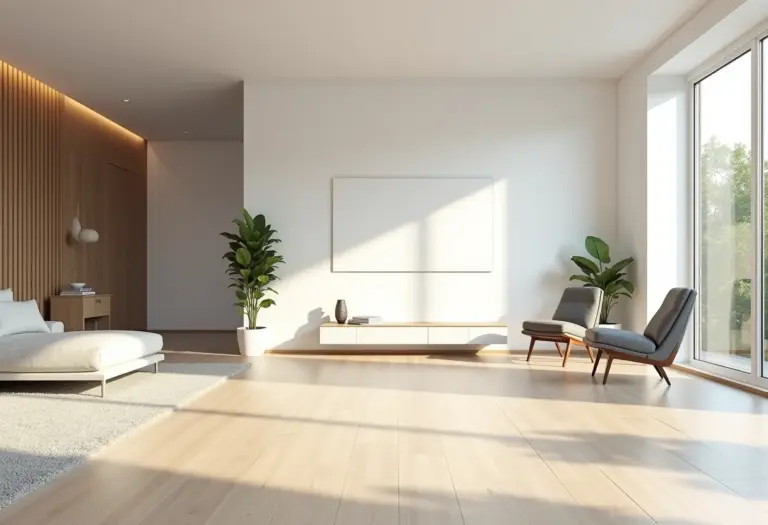 Sala de estar moderna com piso vinílico claro