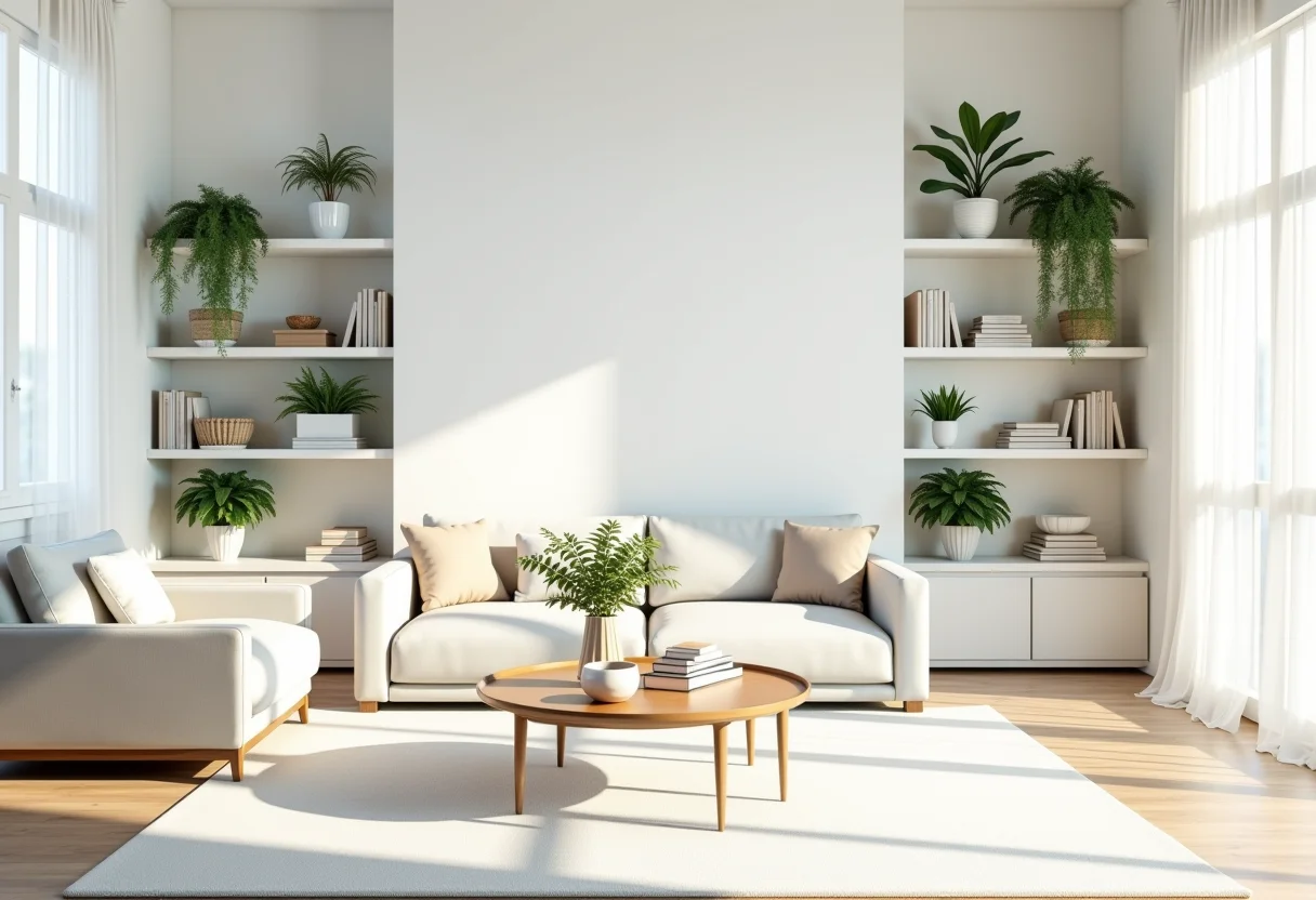 Sala de estar moderna com prateleiras decorativas otimizando o espaço.