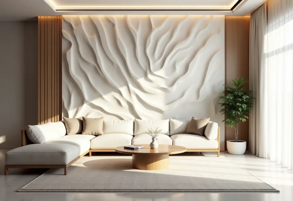 Revestimento 3D na Sala: O segredo dos designers para um espaço moderno Sala de estar moderna com revestimento 3D.