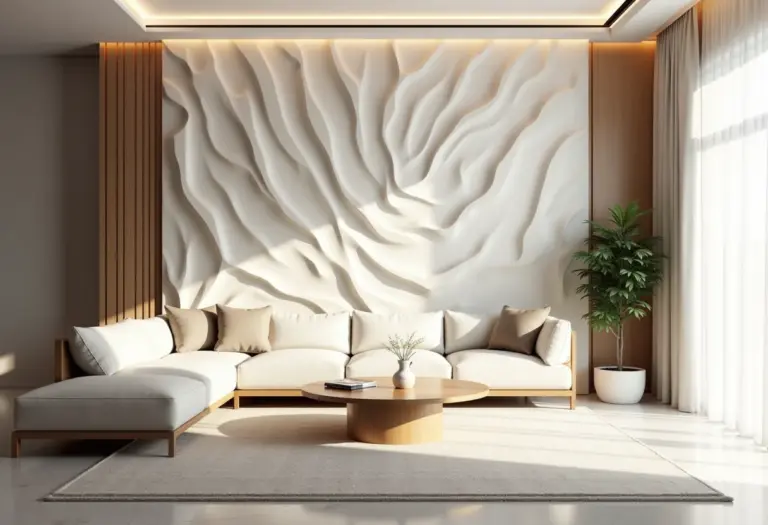 Sala de estar moderna com revestimento 3D.