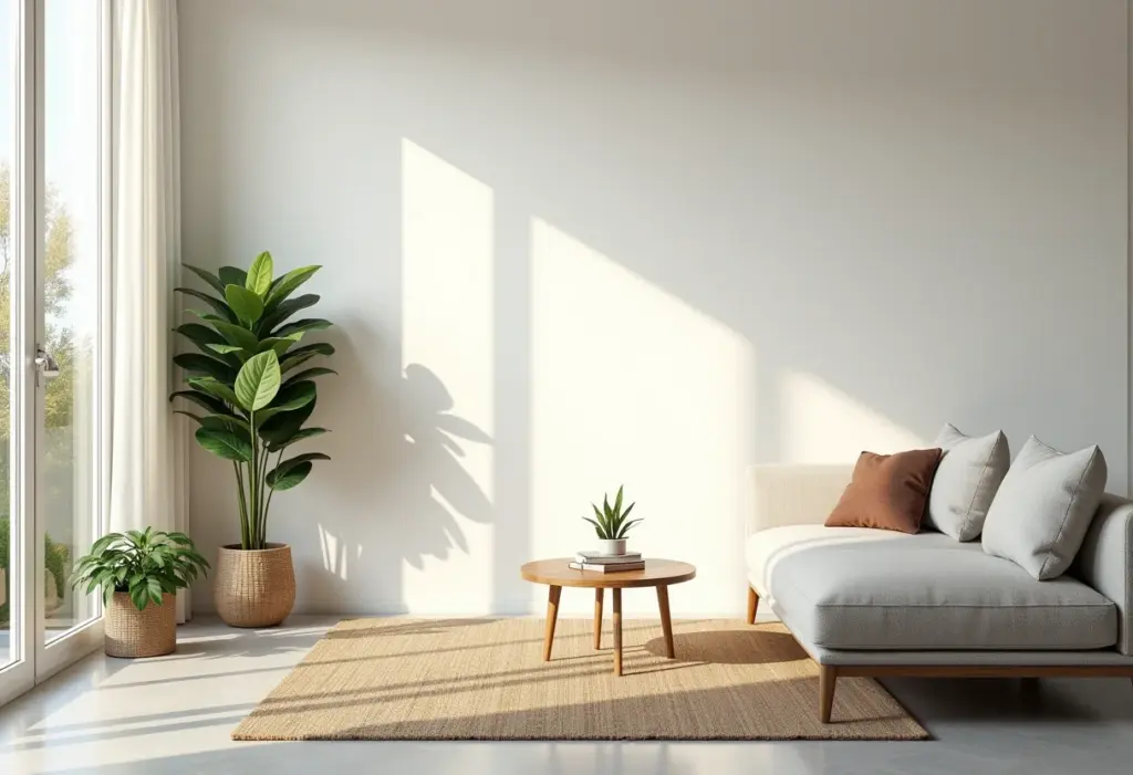 Sala de estar moderna e iluminada com decoração em tons neutros e plantas.