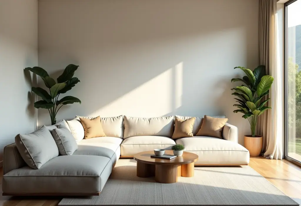 Sala de estar moderna e iluminada com texturas naturais