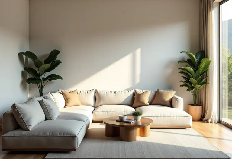 Sala de estar moderna e iluminada com texturas naturais