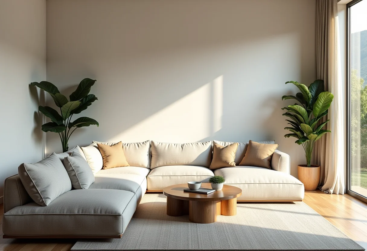 Sala de estar moderna e iluminada com texturas naturais