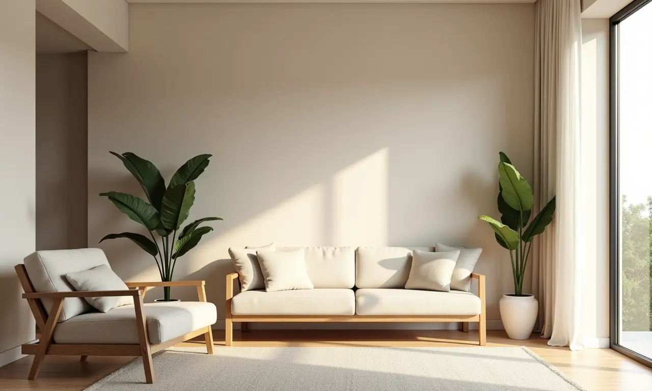 Sala de estar neutra com toques de cor e design minimalista.