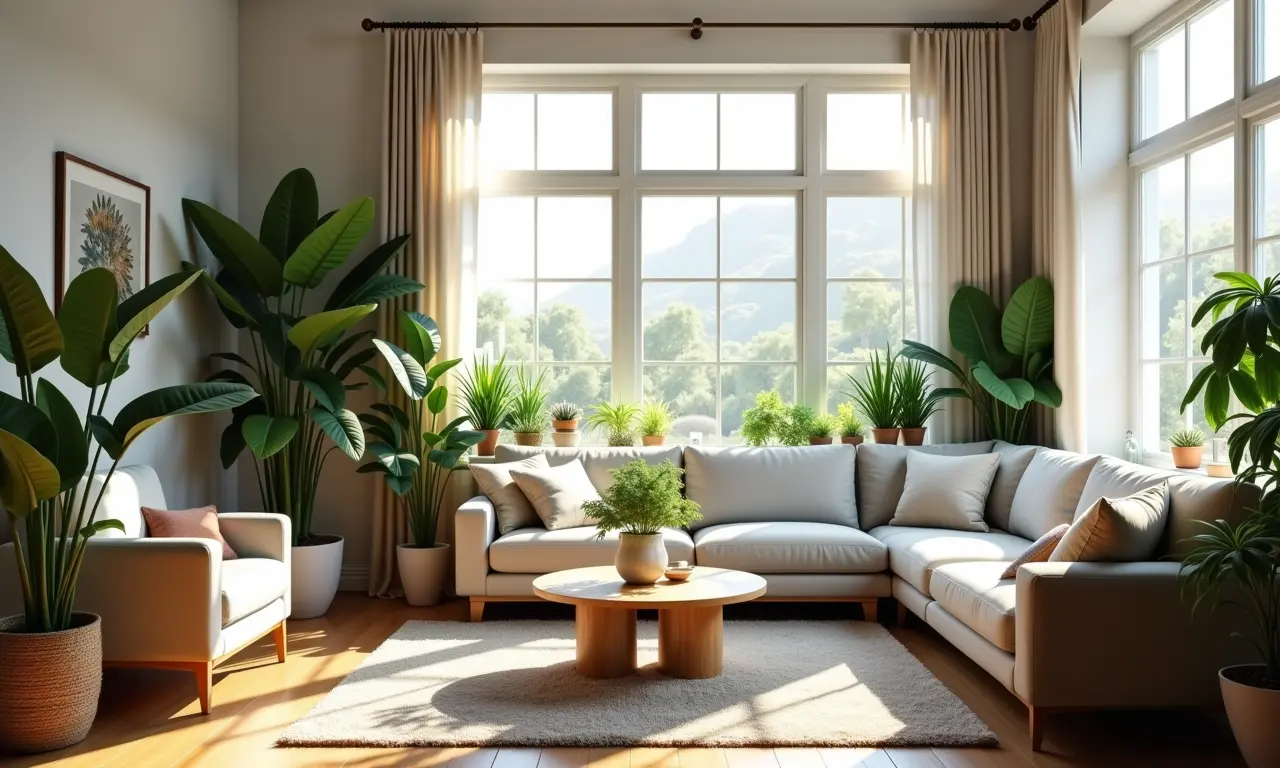 Sala de estar repleta de plantas, luz natural e decoração aconchegante.