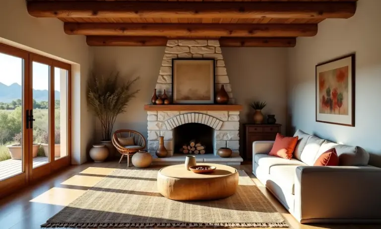 Sala de estar rústica e aconchegante com elementos naturais e decoração artesanal.