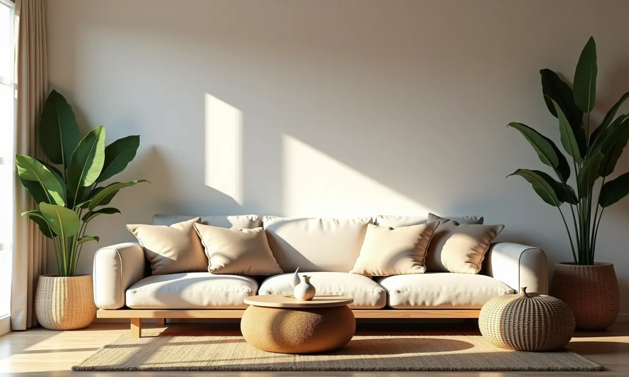 Sala de estar rústica e moderna com madeira e detalhes claros.