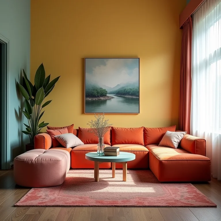 Sala de estar sem estilo definido com móveis e cores destoantes.