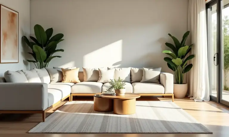 Sala de estar sofisticada com decoração acessível e design brasileiro.