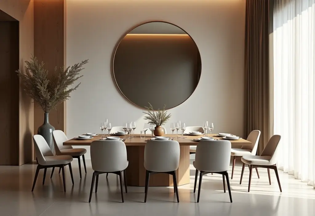 Sala de jantar ampla com espelho que reflete a luz natural