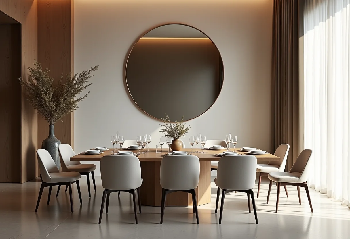 Sala de jantar ampla com espelho que reflete a luz natural