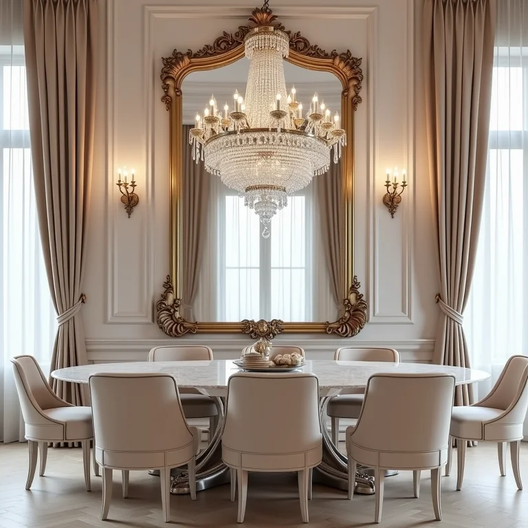 Sala de jantar clássica com espelho e lustre de cristal