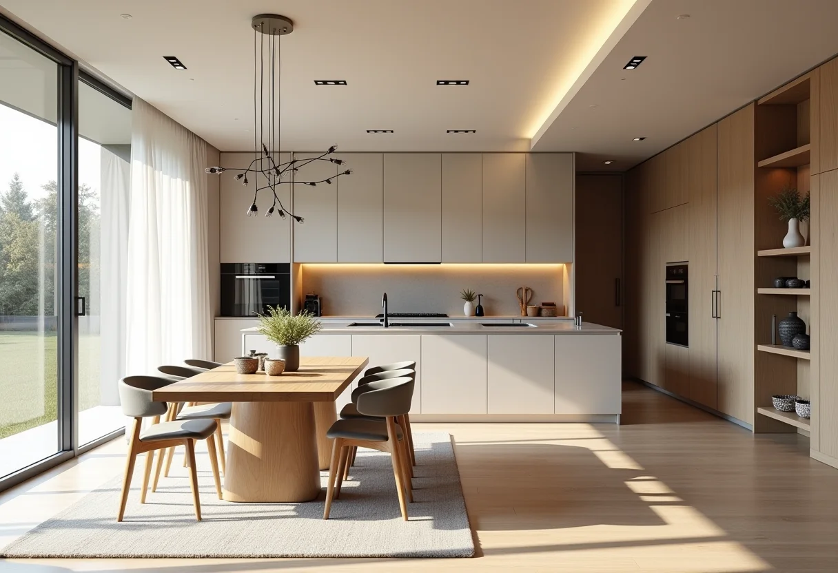 Sala de jantar e cozinha integradas com design clean e iluminação natural