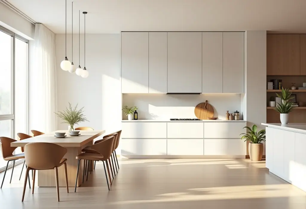 Sala de jantar e cozinha integradas com design clean e iluminação natural