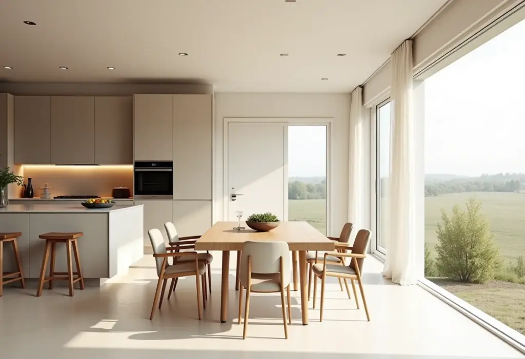Sala de jantar e cozinha integradas com design clean e iluminação natural