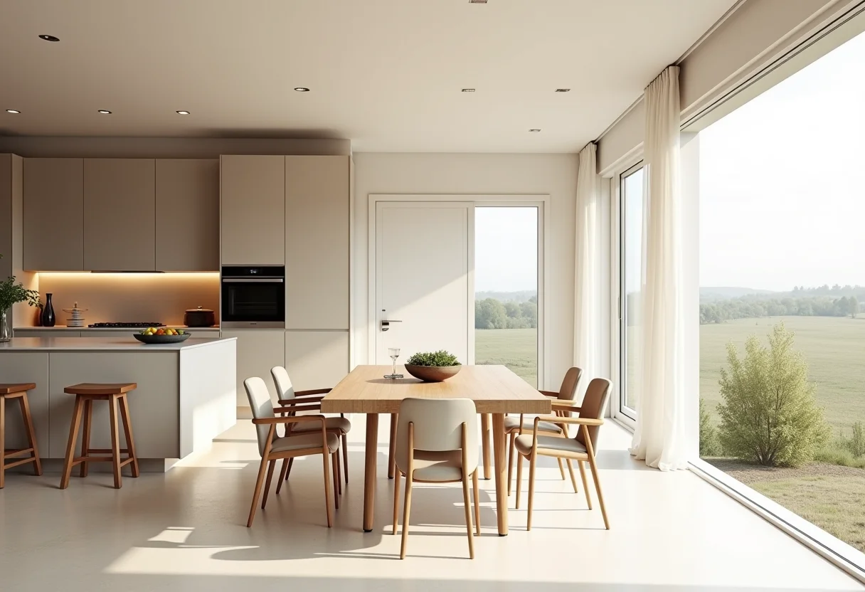 Sala de jantar e cozinha integradas com design clean e iluminação natural